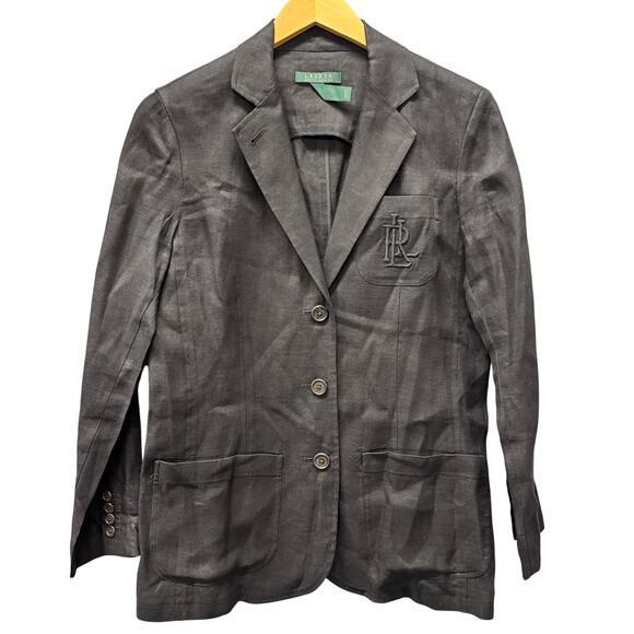 Lauren Ralph Lauren Blazer Womens 4 Black Linen Coastal Button Up Classic - Picture 1 of 9